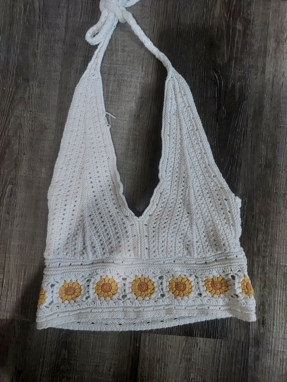 Hollister White Crochet Halter Top with Sunflower Granny Square Trim